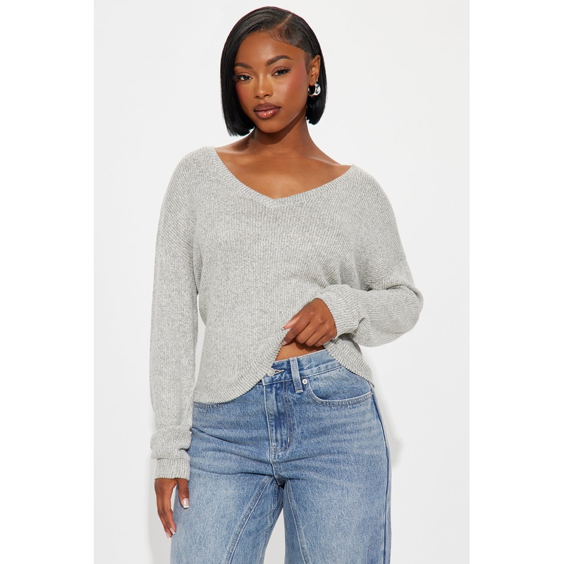 Tyra V Neck Brushed Hacci Rib Top – Heather Grey