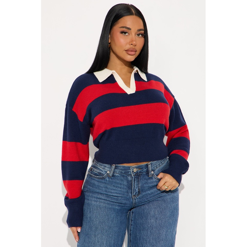 Amara Rugby Stripe Polo Sweater – Navy/Red