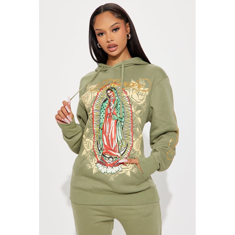 Ed Hardy Mary Roses Oversized Hoodie – Sage