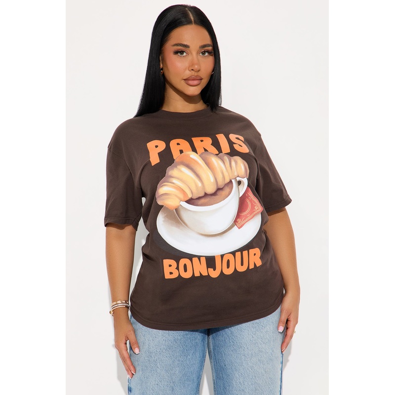 Paris Bonjour Croissant Vintage Washed Tee – Brown