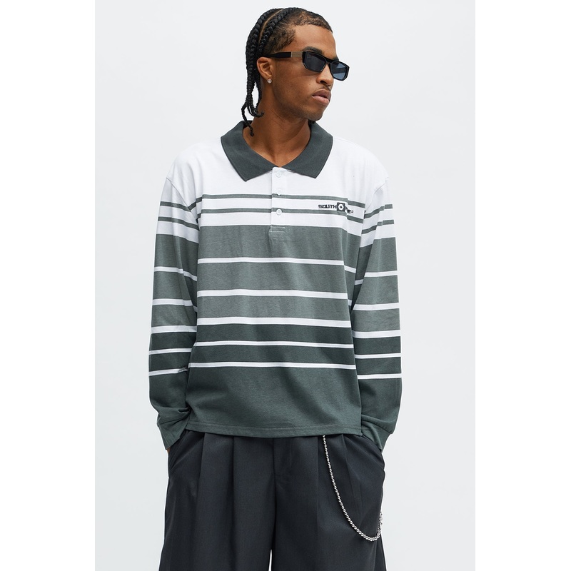 Southpole Long Sleeve Thick To Thin Striped Polo – Grey