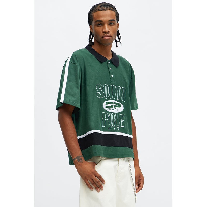 Southpole Relaxed Fit Collared Graphic Shirt – Olive