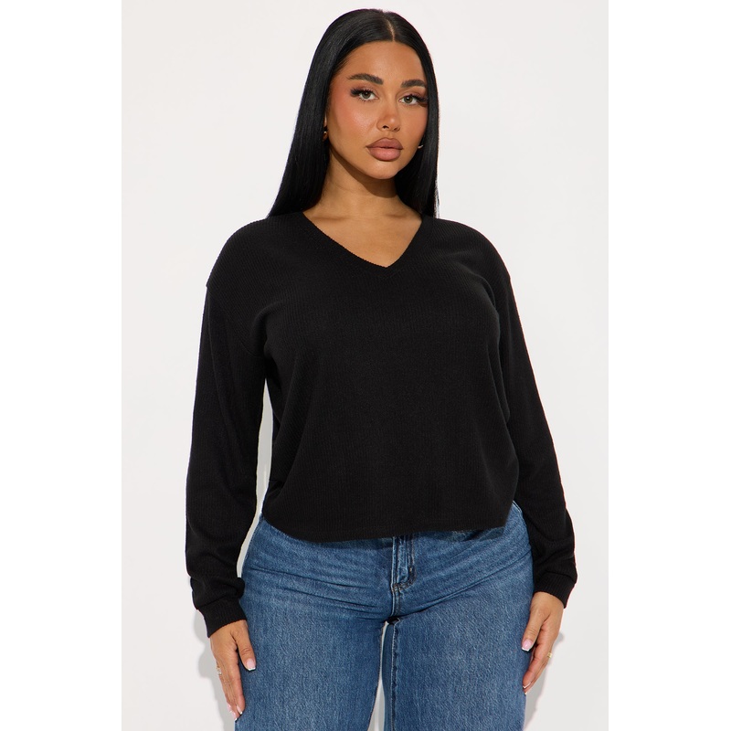 Tyra V Neck Brushed Hacci Rib Top – Black