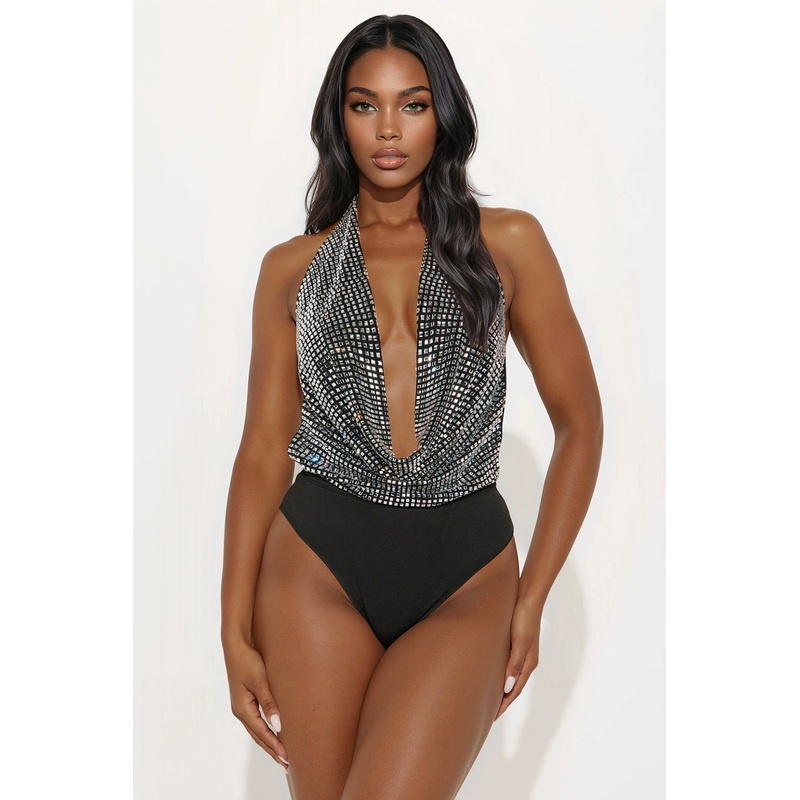 Zero Gravity Rhinestone Mesh Halter Bodysuit – Black