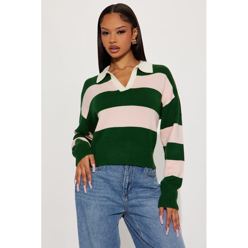 Amara Rugby Stripe Polo Sweater – Green/combo