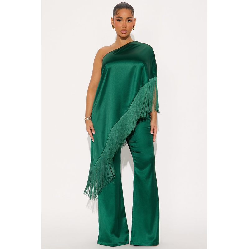 Angelina Fringe Off Shoulder Satin Pant Set – Emerald