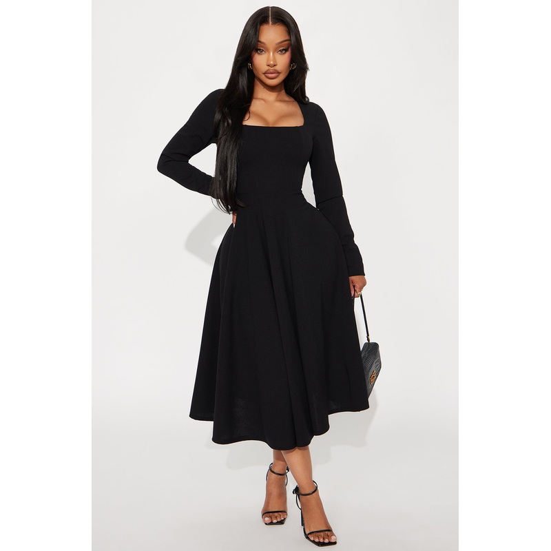 Alena Long Sleeve Midi Dress – Black