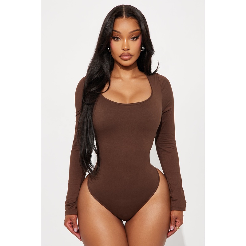 Esme Scoop Neck Double Lined Long Sleeve Bodysuit – Brown
