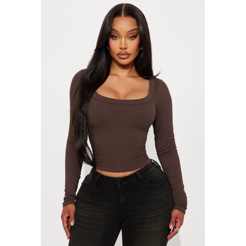 Nikki Ribbed Long Sleeve Basic Top – Brown