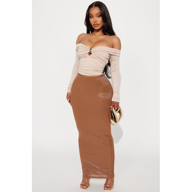 Star Of The Night Shimmer Maxi Skirt – Tan