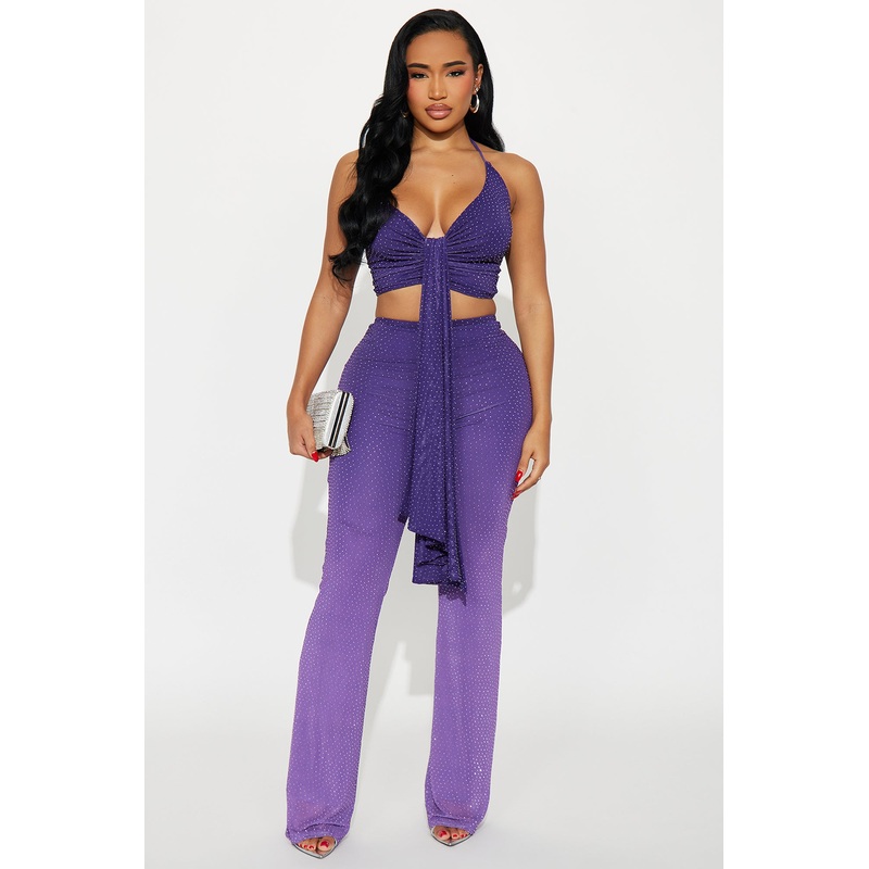 VIP Club Rhinestone Mesh Pant Set – Purple