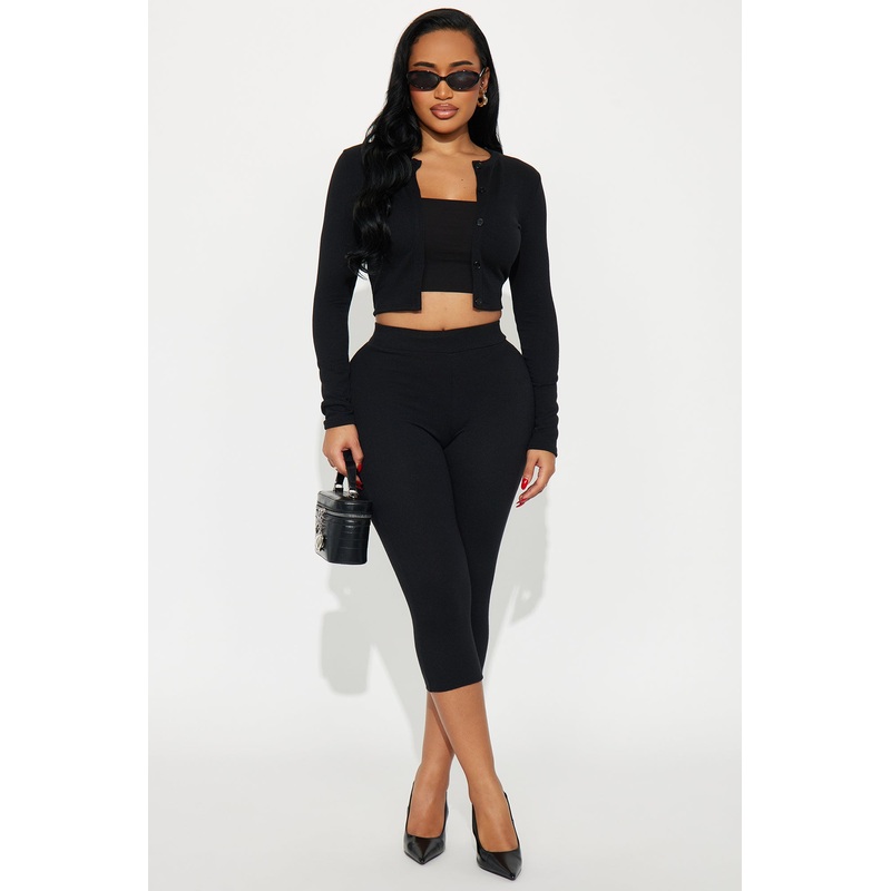 Adeline Ribbed 3 Piece Capri Set – Black