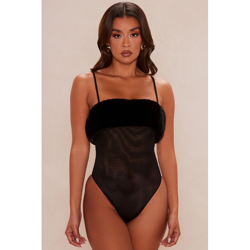 Quinn Fur Trim Mesh Bodysuit – Black