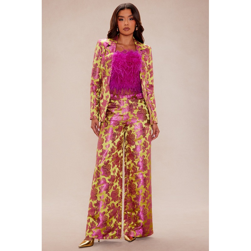 Chelsey Floral Jacquard 3 Piece Pant Set – Green/combo