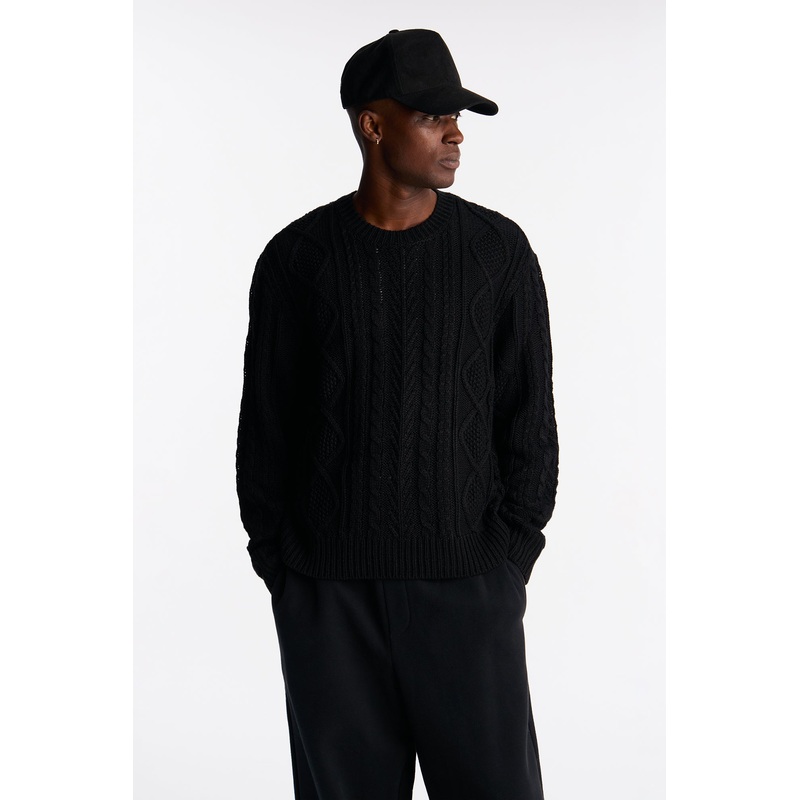 Cropped Fella’s Night Cable Knit Crewneck Sweater – Black
