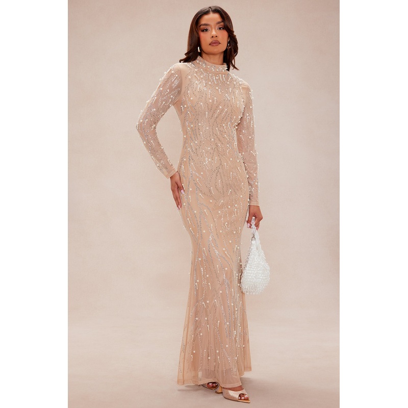 Diamond Mirage Embellished Maxi Dress – Nude