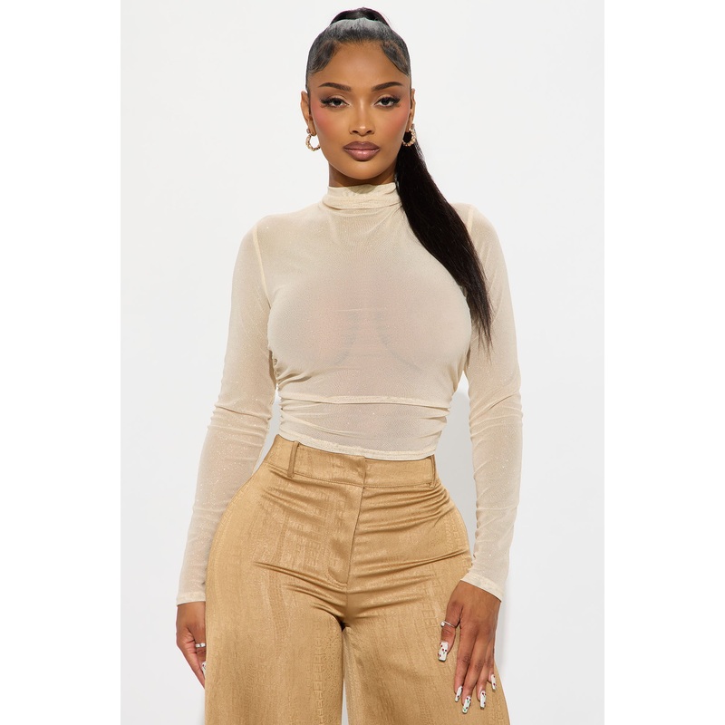 Drea Glitter Mesh Mock Neck Top – Gold