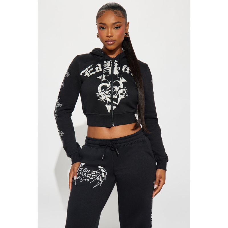 Ed Hardy Rhinestone Crosses Fleece Zip Up Hoodie – Black