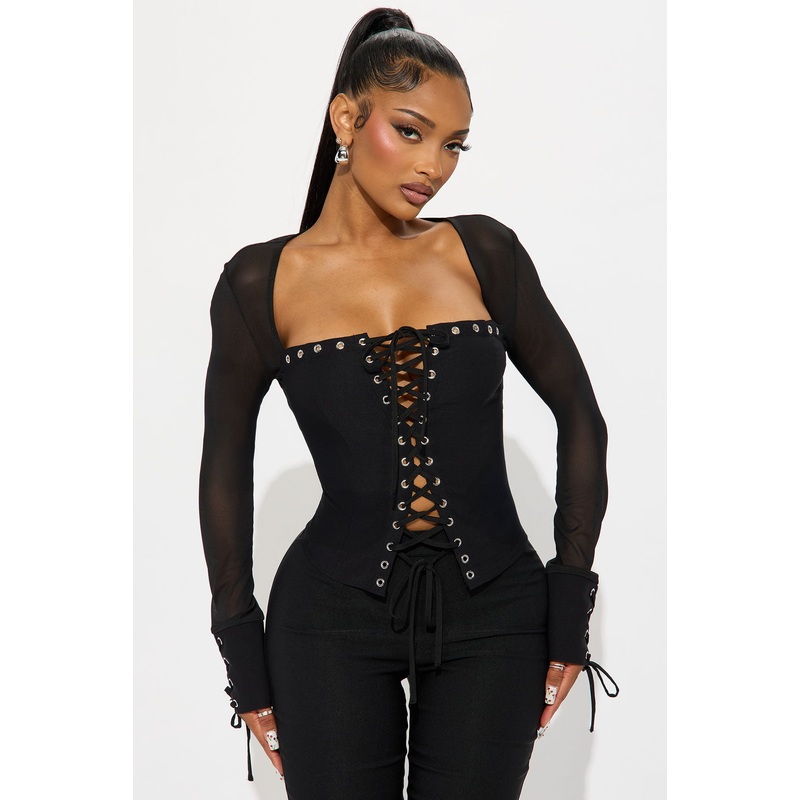 Irma Long Sleeve Corset Top – Black