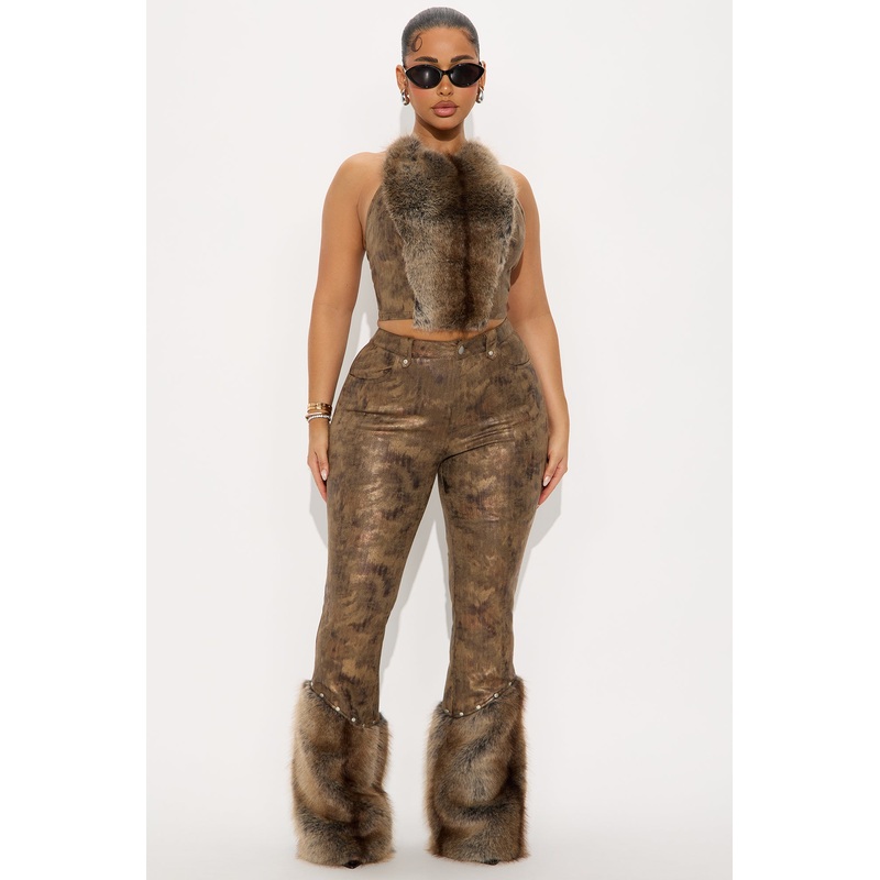 Teala Faux Fur Pant Set – Brown