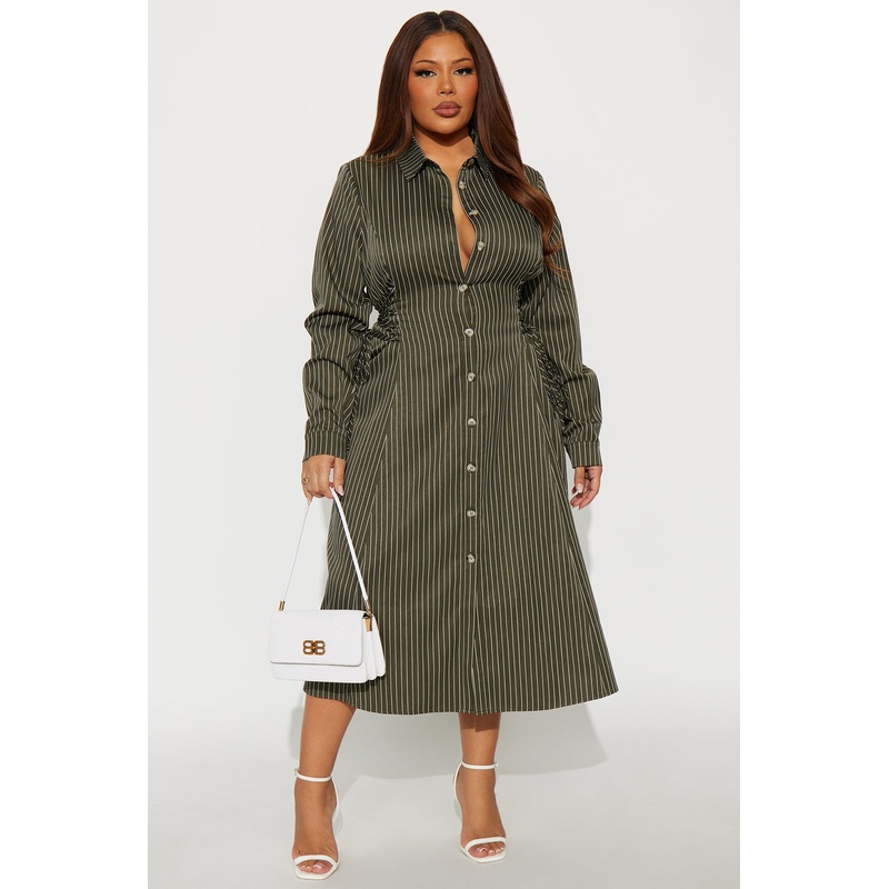 Veda Lace Up Pinstripe Midi Dress – Olive/combo