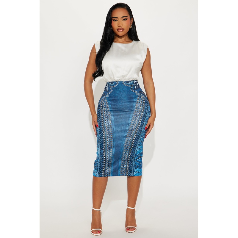 Ariana Printed Denim Midi Dress – Denim