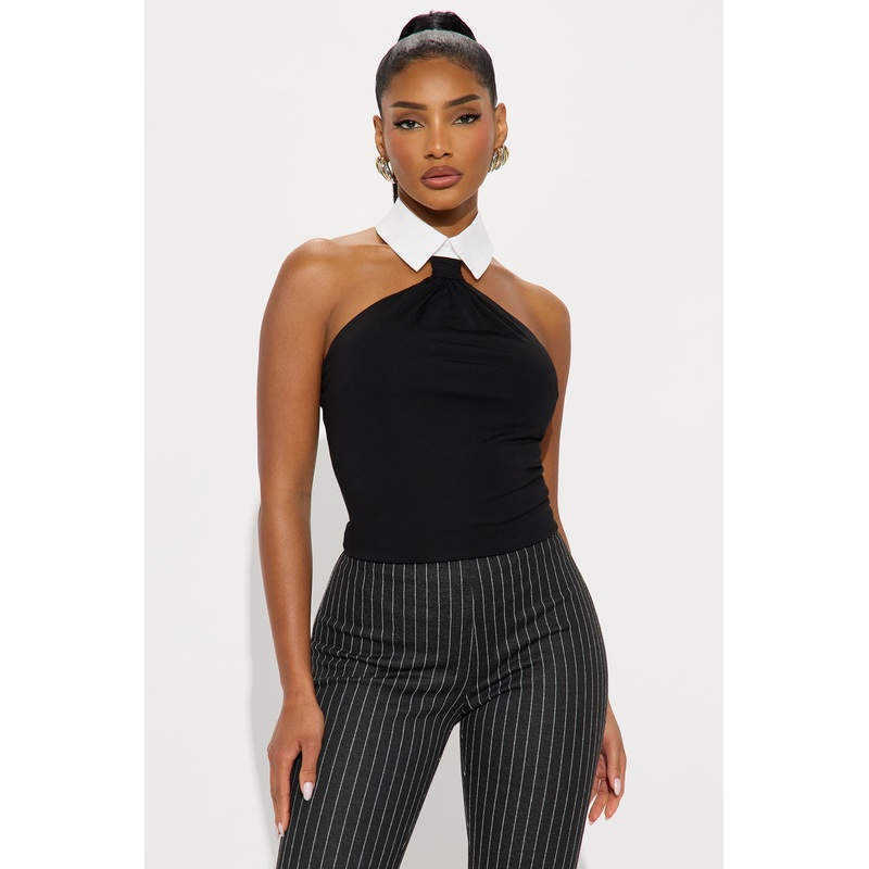 Double Agent Collared Halter Top – Black/combo