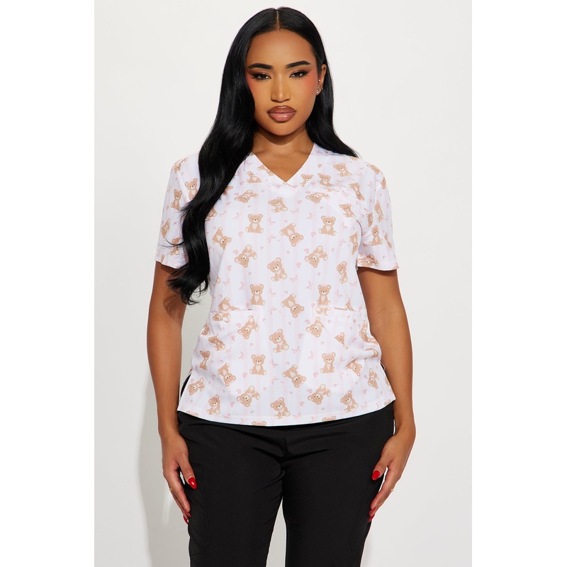 Teddy Bear Cutie Stretch Scrub Uniform Top – Pink/combo