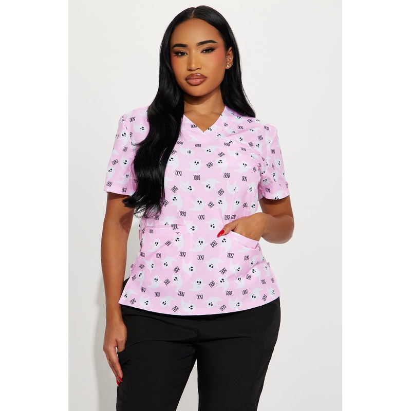 Your Boo Halloween Stretch Scrub Uniform Top – Pink/combo