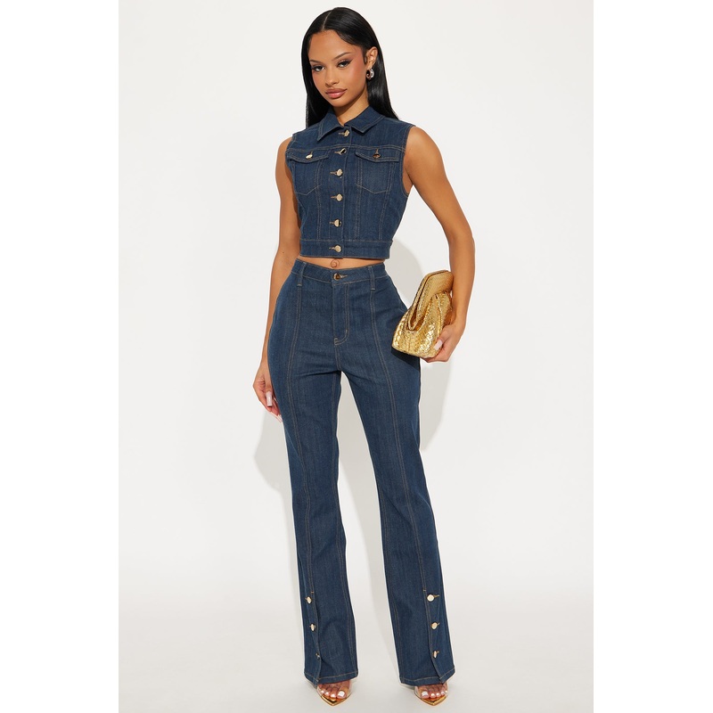 Button Up Stretch Tailored Bootcut Jeans – Dark Wash