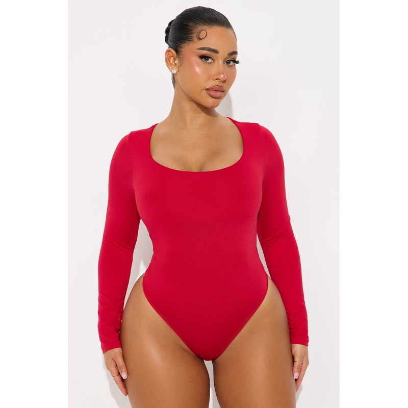 Esme Scoop Neck Double Lined Long Sleeve Bodysuit – Red