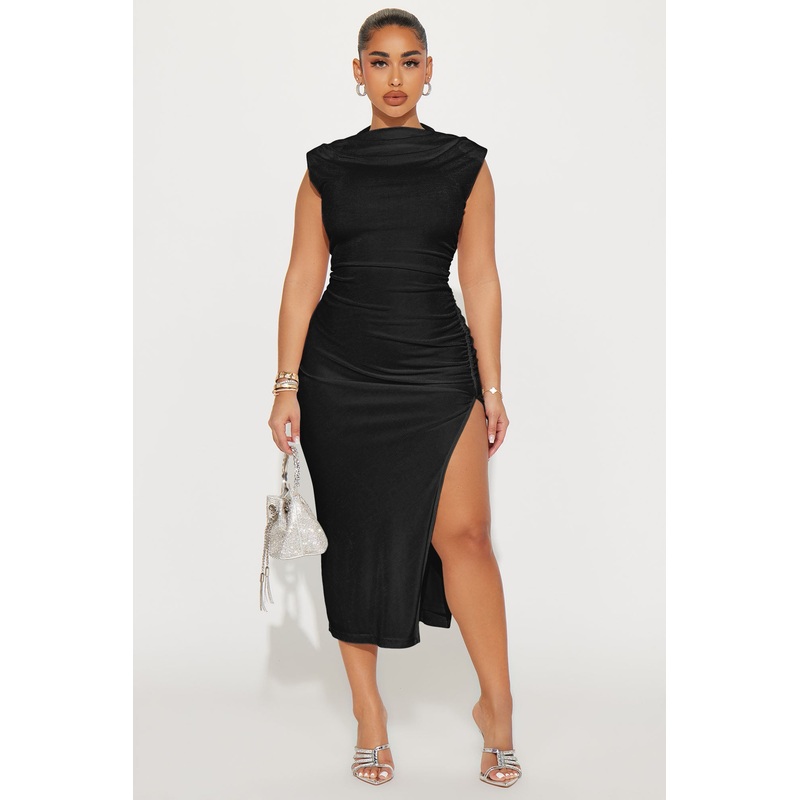 Alice Ruched Midi Dress – Black