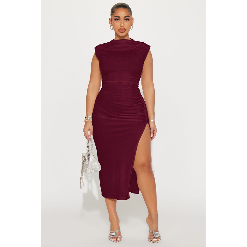 Alice Ruched Midi Dress – Wine