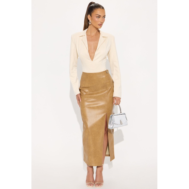 Bad For You Belted Faux Leather Maxi Skirt – Camel