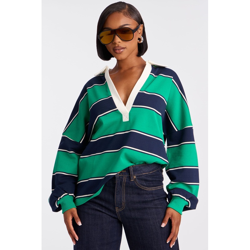 Emerson Long Sleeve Polo Top – Green/combo