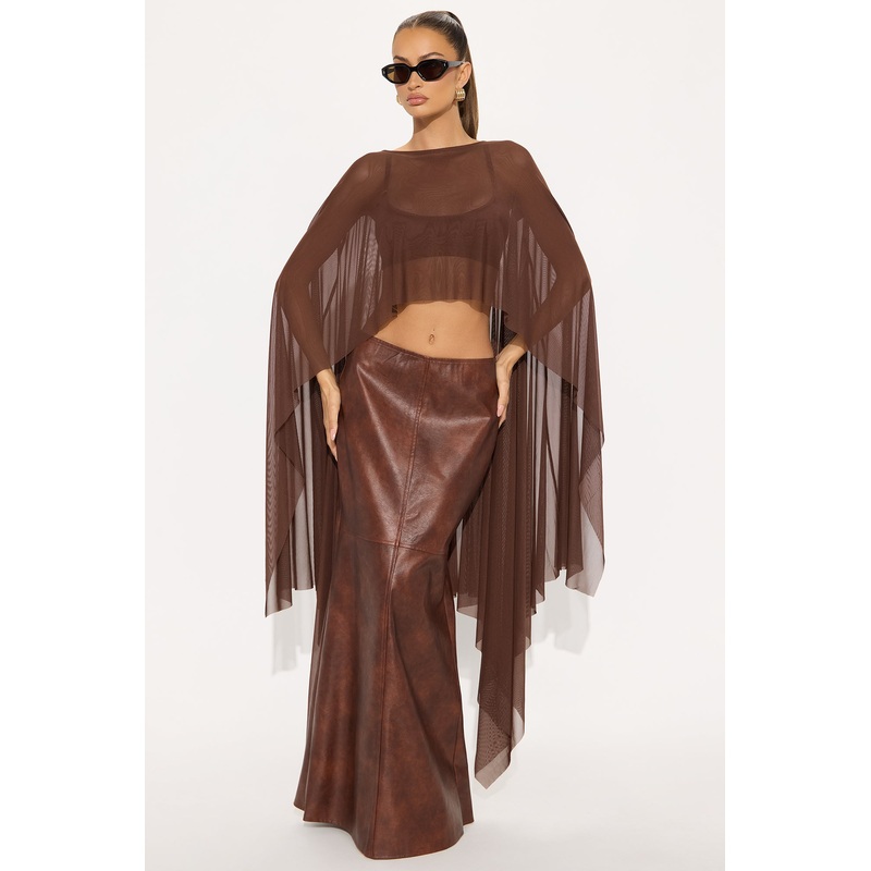 Itri High Low Draped Mesh Top – Chocolate