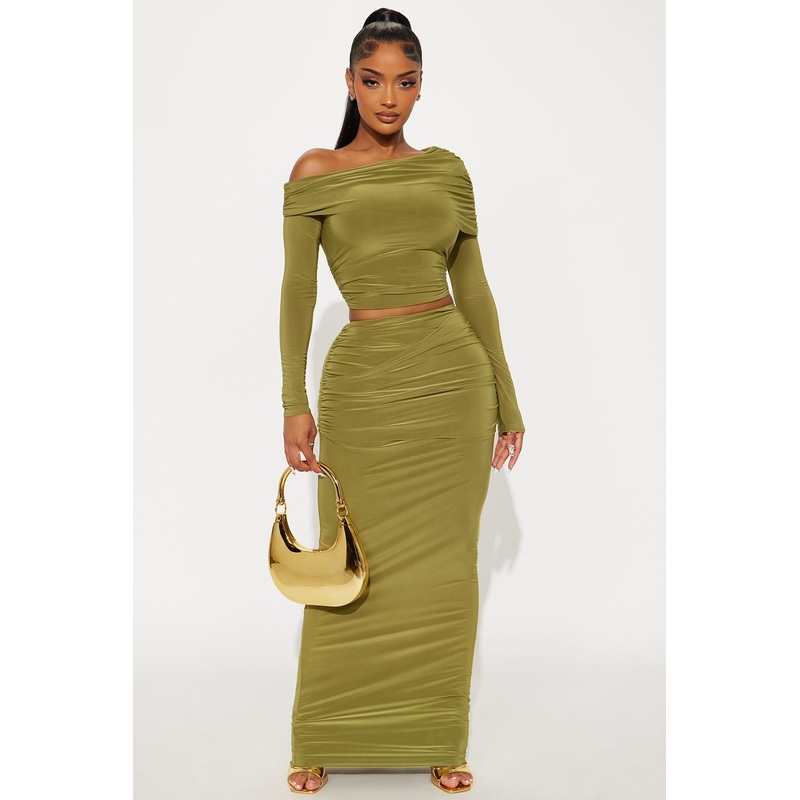 A Special Moment Draped Long Sleeve Maxi Skirt Set – Olive
