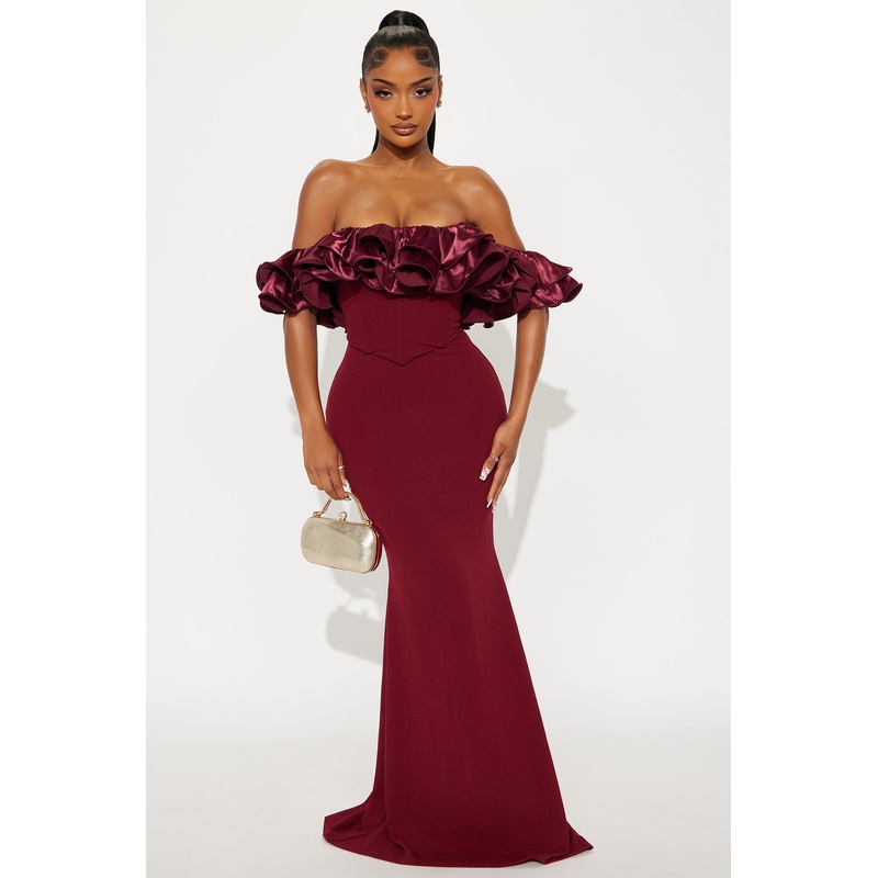 Anora Off Shoulder Gown – Burgundy