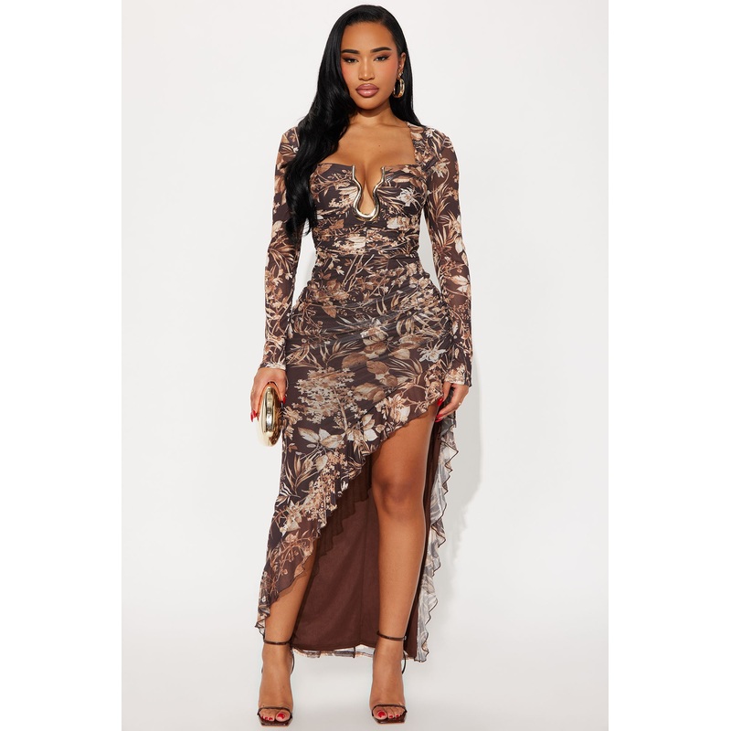 Ava Long Sleeve Mesh Maxi Dress – Brown/combo