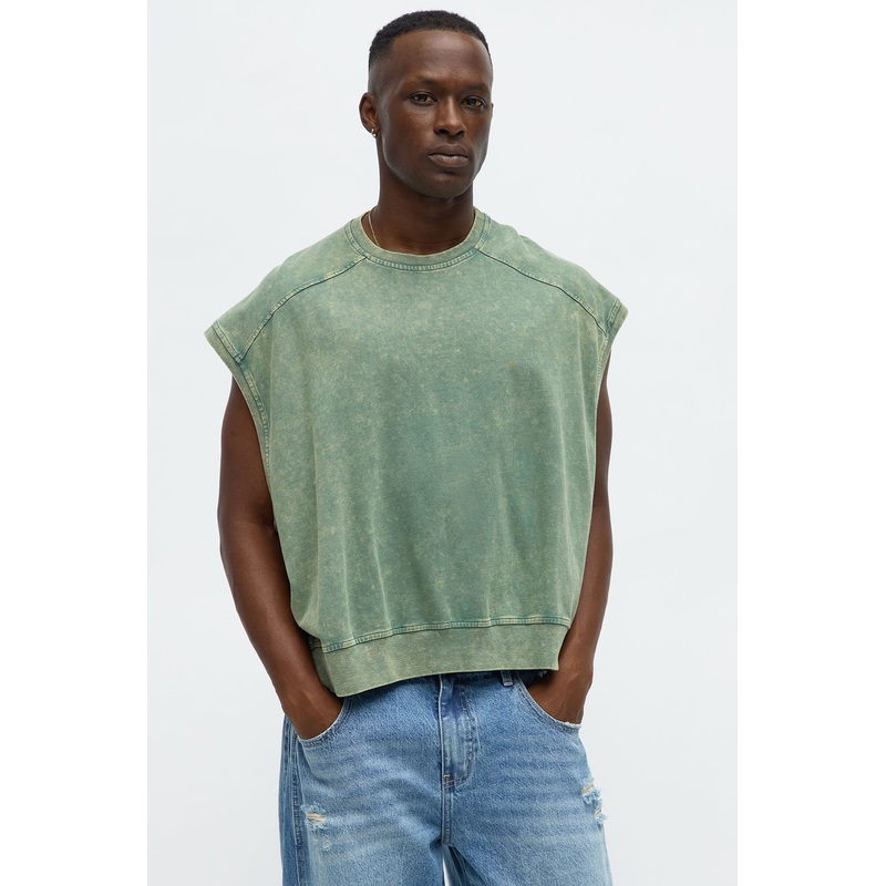 Boxy Washed Up Muscle Tee – Olive