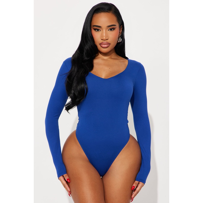 Josie Double Lined V Neck Long Sleeve Bodysuit – Blue