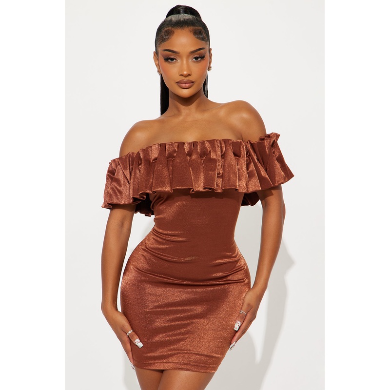 Alessia Off Shoulder Ruffle Mini Dress – Brown