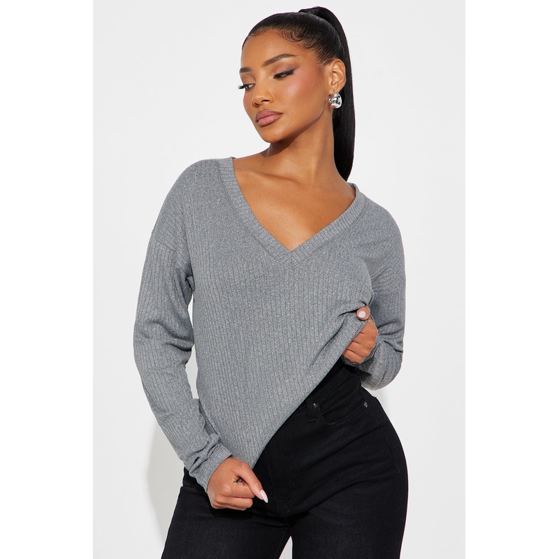 Bailey Basic V Neck Ribbed Top – Heather Grey