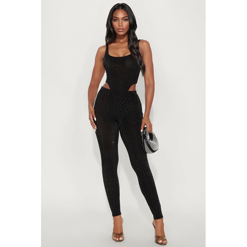 Bella Rhinestone Bodysuit Pant Set – Black
