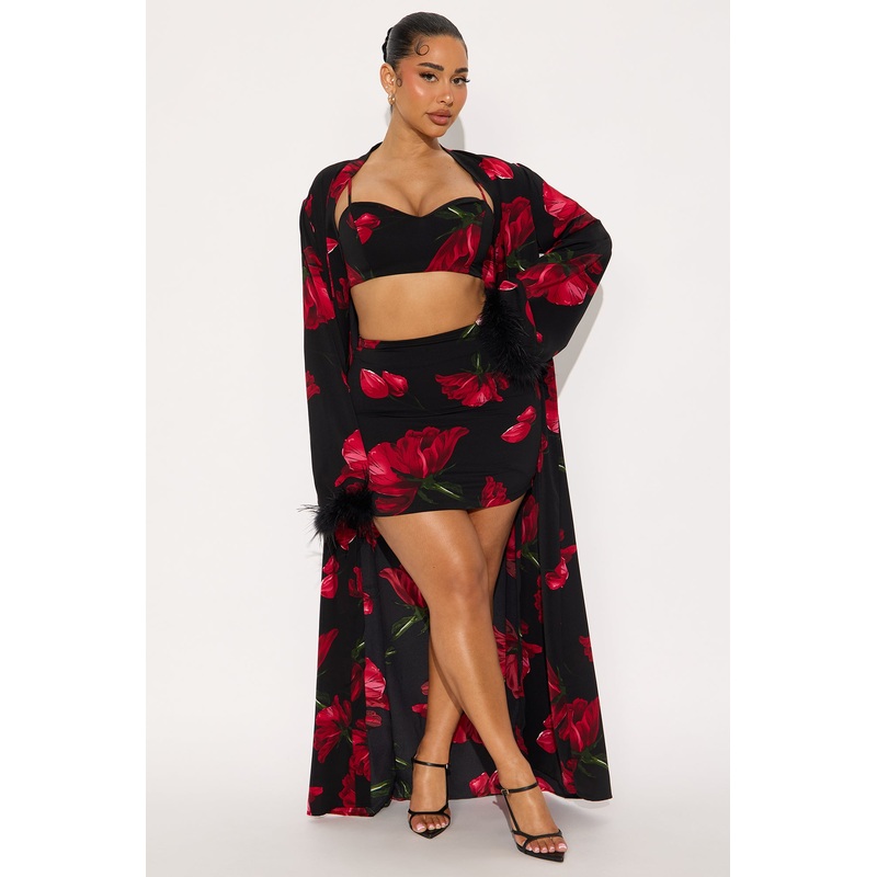Wait For Me Chiffon 3 Piece Kimono Skirt Set – Black/combo