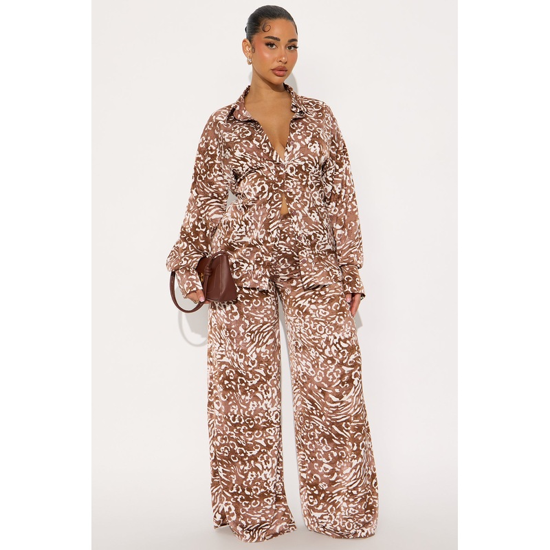 Wild Essence Satin Leopard Pant Set – Brown/combo