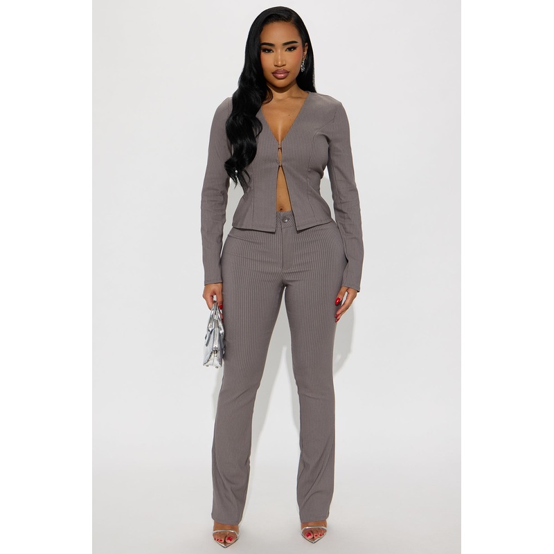 Amelia Pinstripe Flare Pant Set – Grey