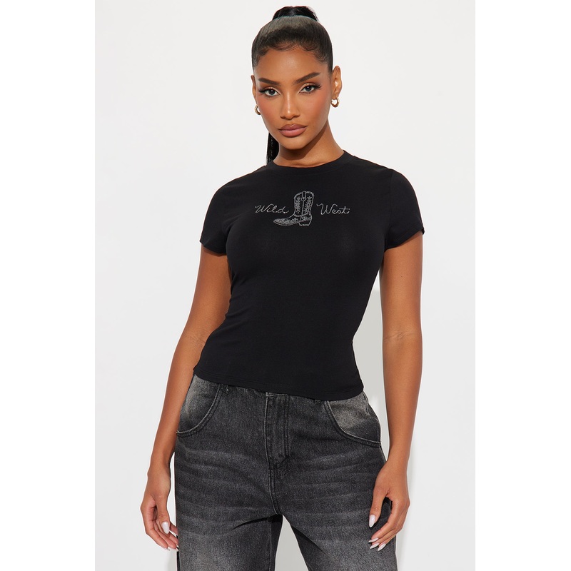 Boots Up Rhinestone Baby Tee – Black