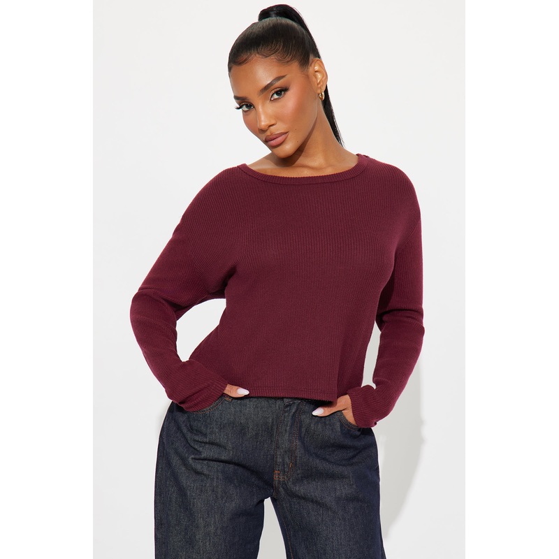 Odette Crew Neck Hacci Long Sleeve Top – Wine