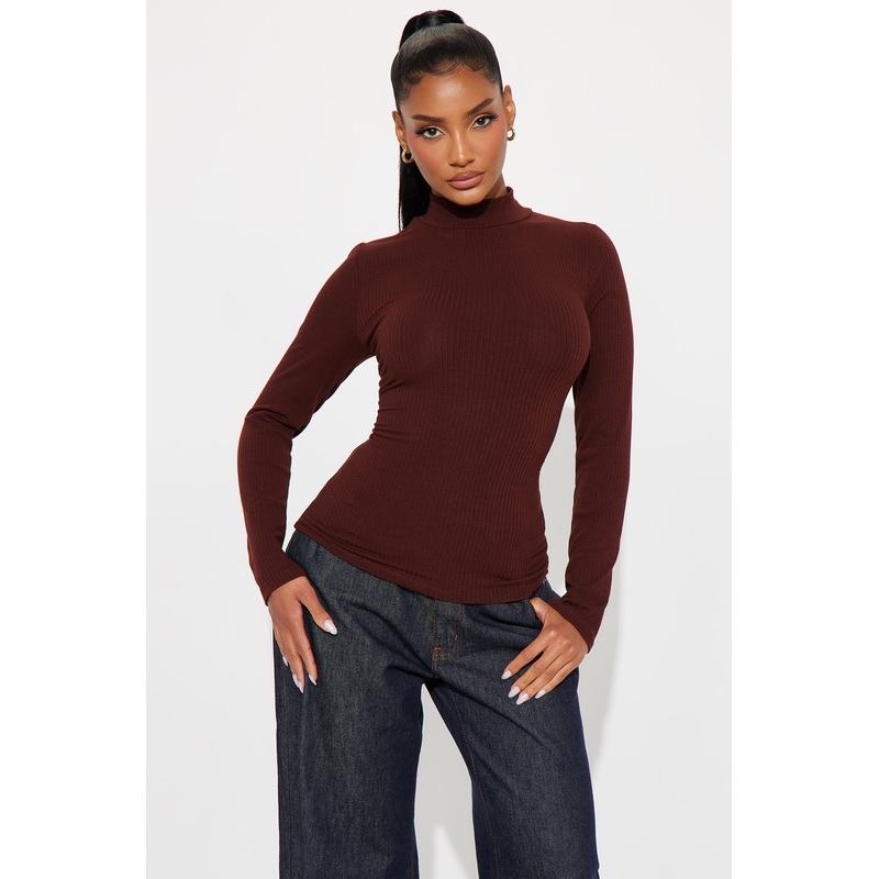 Sydney Mock Neck Ribbed Long Sleeve Top – Dark Brown